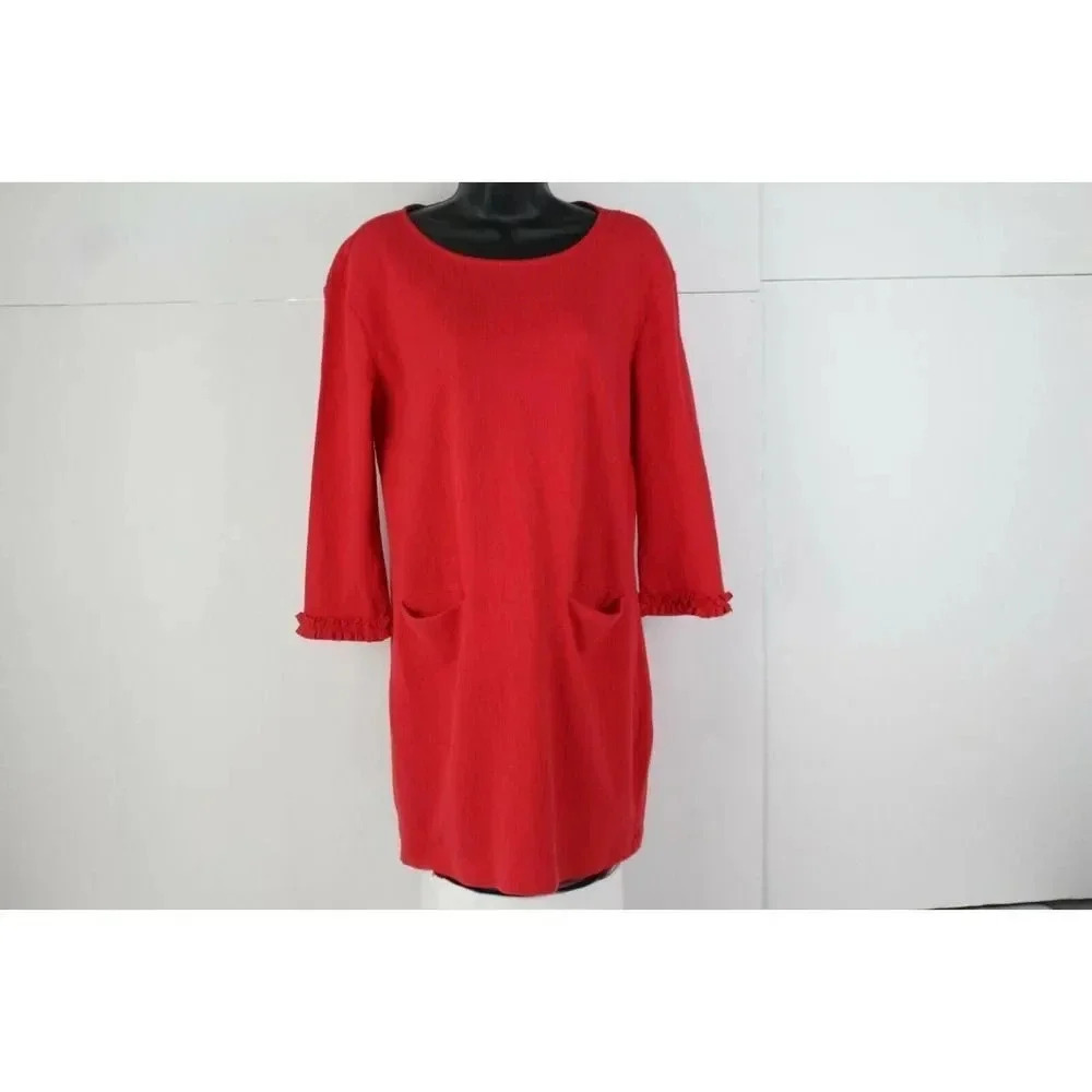 Tabitha Webb Womens Red Shift Dress Size Medium 3/4 Ruffled Sleeves Pullover